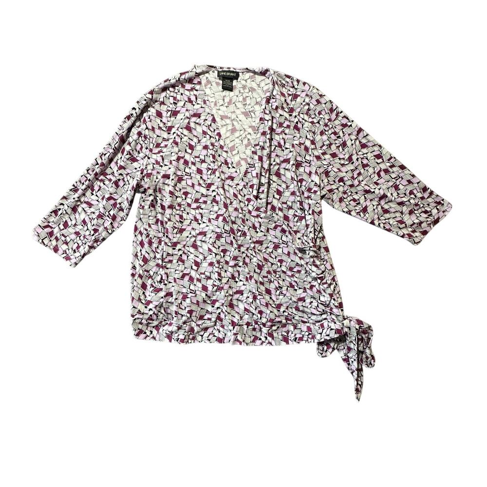 Lane Bryant Plus Size 18/20 Wrap Tie Front Top Purple Geometric Print 3/4 Sleeve